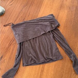 Babaton Off-Shoulder Fold-Over Long Sleeve Top - Charcoal